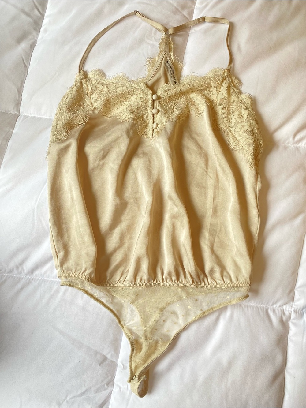 Abercrombie & Fitch Lace-Trim Satin Chemise Bodysuit in Cream